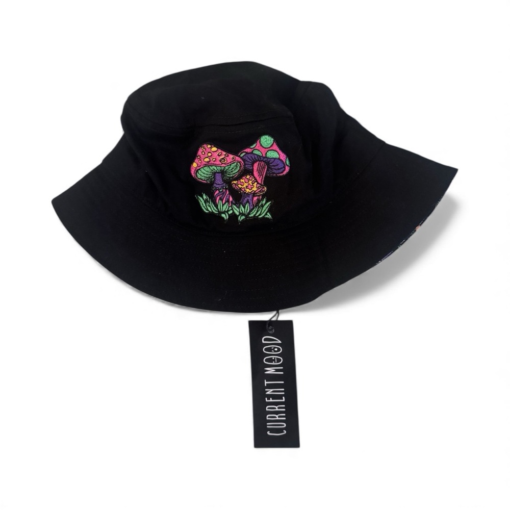 Current Mood unisex Black Hat with Vibrant Mushroom Art